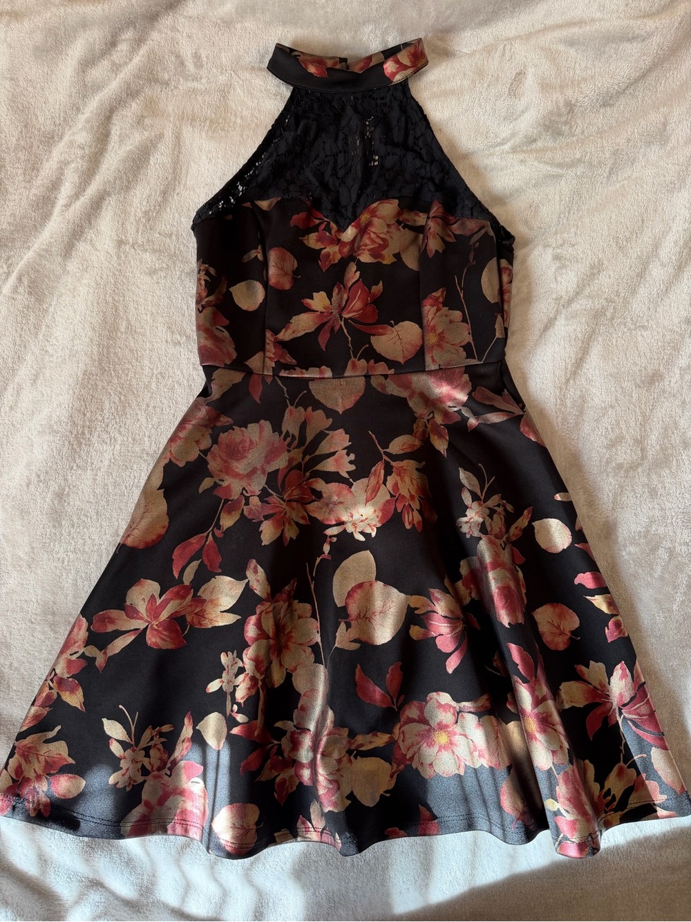 Francesca's Collections Black Mini Dress with Rose Gold Floral Print